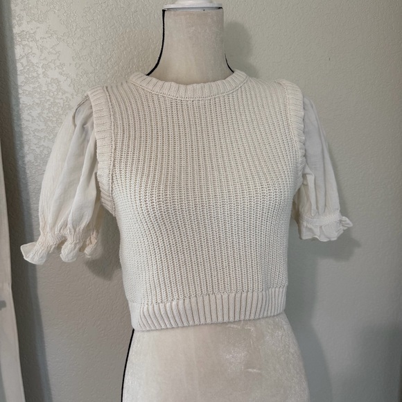 Zara Cream Knit Puff-Sleeve Cropped Sweater Top, Size M - Picture 2 of 9